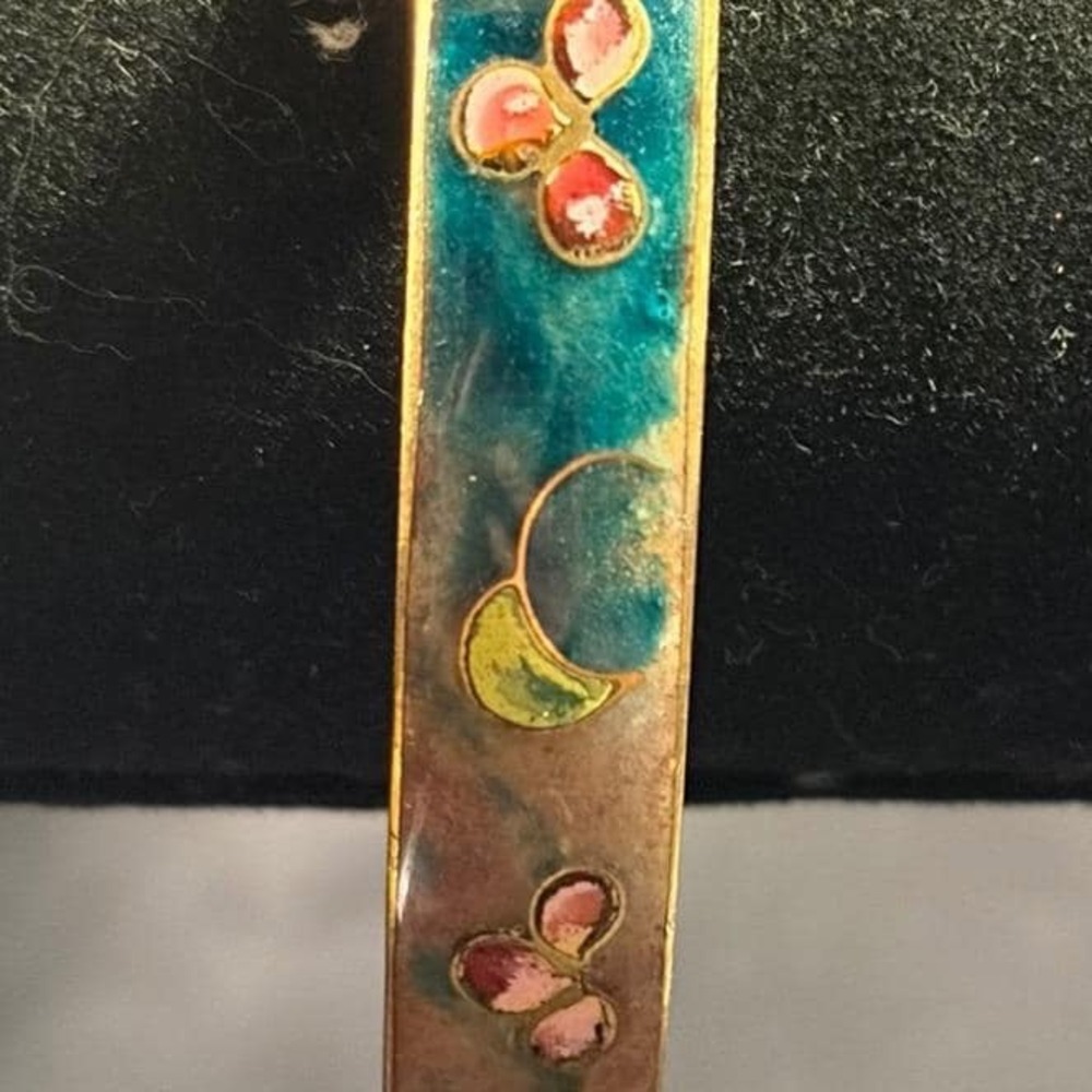Vintage Cloisonne Enamel Bangle Bracelet Teal Gold Floral‎ Moon Hallmarked